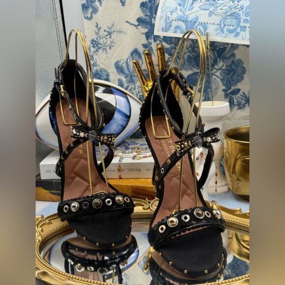 🆕 KURT GEIGER LONDON 🧿 NWOB Mini Bow Eyelet Heel Sandal, Black - Sz 39 US 8.5 - Picture 4 of 14